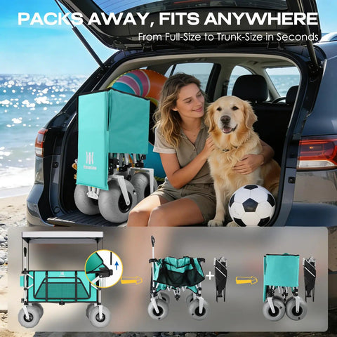 Beach Wagon With Balloon Wheels For Sand, Extra Large 200L Cargo Cart With Canopy, folded in car trunk, side view