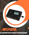 Compact Digital Shortwave Radio With AM FM SW Bands displaying 89.8 MHz with TF card inserted and MP3 features
