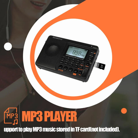 Compact Digital Shortwave Radio With AM FM SW Bands displaying 89.8 MHz with TF card inserted and MP3 features