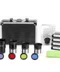 Epic 1.25 Inch Astronomy Accessory Kit With Carry Case including Plössl Eyepieces, Barlow Lens, and planetary filters displayed.