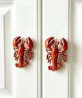 Lobster Shaped Cabinet Knobs Set of 2 Hand Painted Metal Drawer Pulls with Mounting Screws on white cabinet