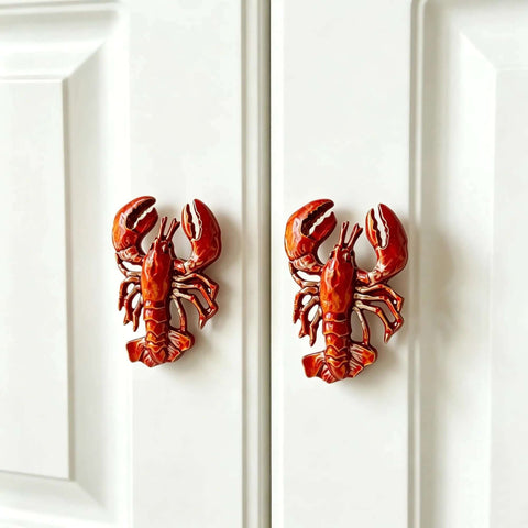 Lobster Shaped Cabinet Knobs Set of 2 Hand Painted Metal Drawer Pulls with Mounting Screws on white cabinet