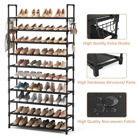 Heavy Duty 10 Tier Shoe Rack For Entryway And Closet Hella Roomy Metal Storage Shelf With Sturdy Hooks Fits Sneakers Boots And Everyday Gear Solid Build Easy As Pie Setup
