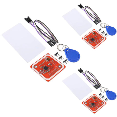 PN532 NFC RFID Module Kit with I2C SPI and HSU, includes S50 white card, key cards, and cables, shown with Raspberry Pi compatibility.
