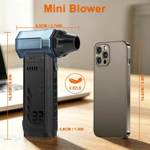 Electric Air Duster With Two Replaceable Batteries, size comparison with smartphone, portable high power mini blower