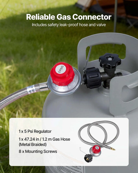 Propane gas connector with PSI regulator on LPG camping cooker stove.