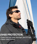 Man wearing Outdoor Safety Sunglasses For Work And Play With Smoke Lenses, UV 99.9 Percent Protection on a boat, holding a rope.