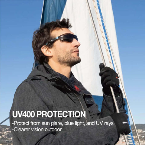 Man wearing Outdoor Safety Sunglasses For Work And Play With Smoke Lenses, UV 99.9 Percent Protection on a boat, holding a rope.