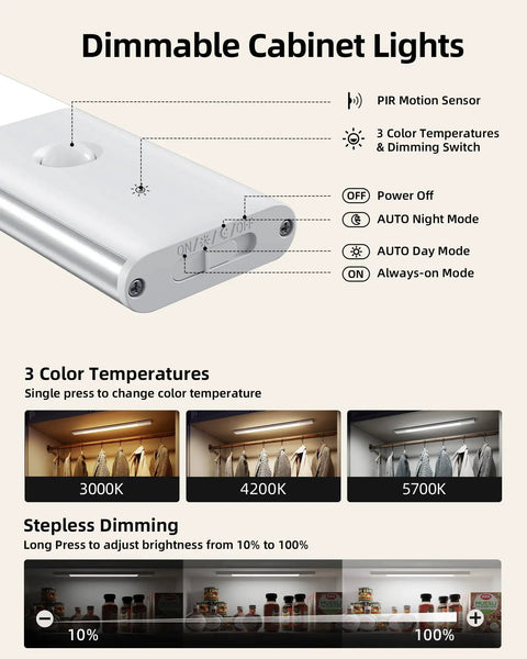 Under Cabinet Lighting With 2200mAh Rechargeable Battery, 76 LED Dimmable Closet Lights showing control switch and settings