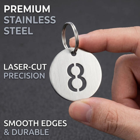 Close-up of a stainless steel key tag with number 8, part of the 50 Pack Round Metal Key Tags 1 To 50 Stainless Steel ID Tags With Hole For Key Boxes.
