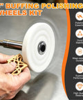 Pro Grade 4 Inch Metal Buffing And Polishing Kit for Drill in use with white wheel polishing wood piece