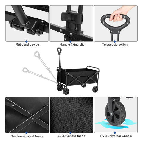Collapsible Foldable Wagon With Wheels For Beach, Garden, Shopping And Outdoor Use, Heavy Duty Utility Cart Carrying Up To 220 Lbs