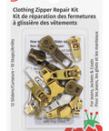 Zipper Repair Kit With 22 Assorted Sliders And Stops For Jeans Jackets And Coats, package showing various metal sliders and stops.