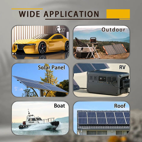 Wide application of Beefy 10AWG MC4 To XT60 Solar Panel Cable Adapter for cars, outdoor, RV, boats, and roof solar panels.