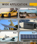 Collage showing various applications of 12AWG MC4 To XT60 Solar Panel Cable for cars, outdoors, solar panels, RVs, boats, and roofs.