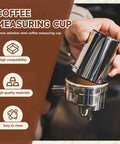 Stainless Steel 51mm Coffee Dosing Cup For Espresso Machines in use over a portafilter, shown with text highlighting features.