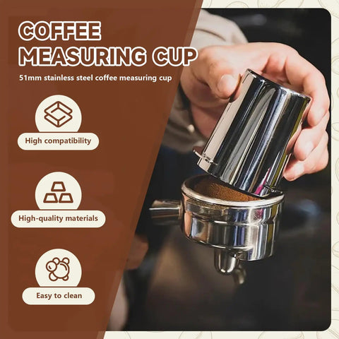 Stainless Steel 51mm Coffee Dosing Cup For Espresso Machines in use over a portafilter, shown with text highlighting features.
