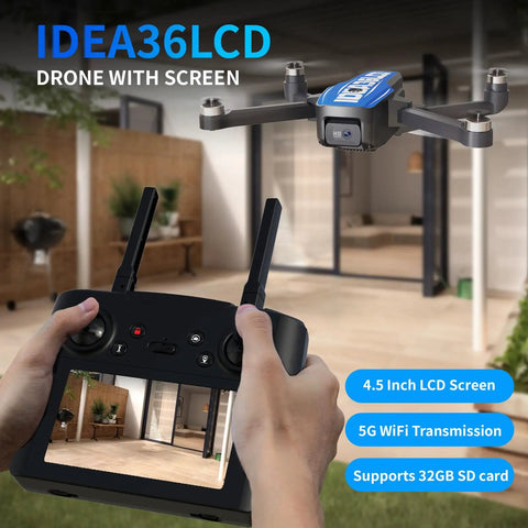 Person holding remote with 4.5 inch LCD screen, flying 4K GPS Drone With Camera For Adults, 5G WiFi FPV, brushless motors visible.