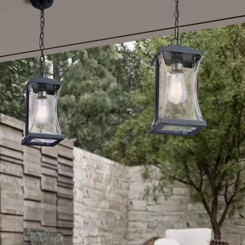 Outdoor Pendant Light Fixture For Porch And Front Door With Adjustable Chain And Air Bubble Glass Matte Black Farmhouse Exterior Lighting
