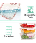 Glass Meal Prep Containers Set of 10 with Lids Airtight Food Storage Boxes in dishwasher and stacked with fruits and vegetables