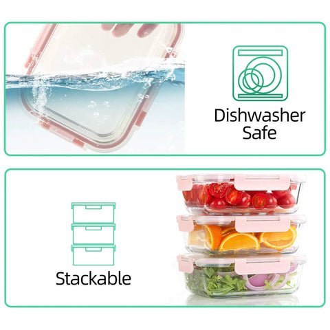 Glass Meal Prep Containers Set of 10 with Lids Airtight Food Storage Boxes in dishwasher and stacked with fruits and vegetables