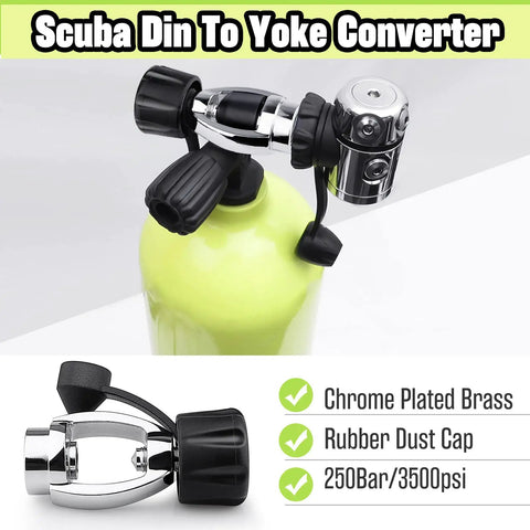 250 Bar 3500 PSI Chrome Plated Brass DIN To Yoke Regulator First Stage Adapter on scuba tank with dust cap