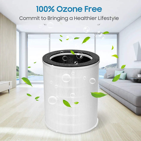 3 In 1 Replacement Filter Kit Fits KJ510B Air Purifier H13 True HEPA With Activated Carbon And Pre Filter Catches Pet Dander Dust Mites Pollen And Odors White in a modern living room showcasing green leaves symbolizing clean air.
