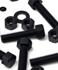 Ten Piece Black Nylon Hex Head Bolts M12 X 50Mm Plastic Fasteners Including Matched Nuts And Washers For Top Shelf Electrical Repairs with black nuts and washers.