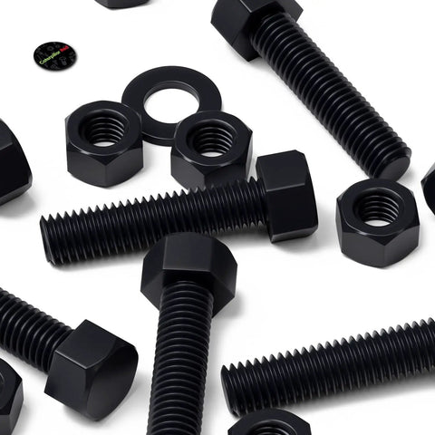 Ten Piece Black Nylon Hex Head Bolts M12 X 50Mm Plastic Fasteners Including Matched Nuts And Washers For Top Shelf Electrical Repairs with black nuts and washers.