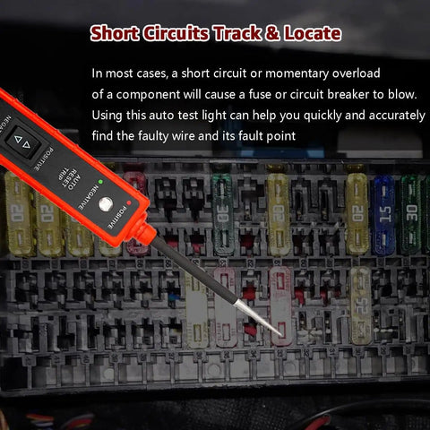 Power Circuit Probe Tester for 6V To 24V DC Systems demonstrating short circuit location in a fuse box with LED indicators.