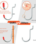 Comparison image showing reinforced pegboard hook with rubber tip versus regular hook; Pegboard Organizer Kit With 240-Piece Hook Set For Garage Wall Storage.