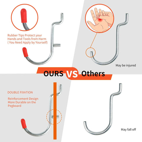 Comparison image showing reinforced pegboard hook with rubber tip versus regular hook; Pegboard Organizer Kit With 240-Piece Hook Set For Garage Wall Storage.