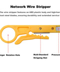 Yellow mini wire stripper with labeled parts; finger rotation hole, multi-standard stripping slot, pressure line in focus.