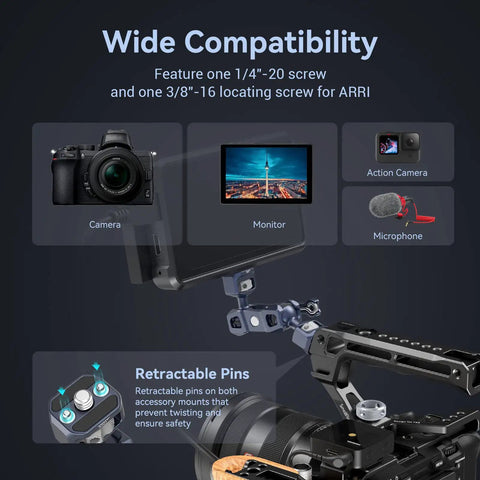 Dual Ball Head Articulating Magic Arm With Retractable Pins, 360 Degree Rotation, fits 3/8-16 and 1/4-20 screws for camera setup
