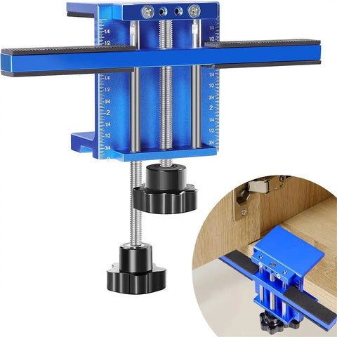 Easy Cabinet Door Fixing Clip For Quick Home Installations, blue aluminum alloy woodworking panel clip attached to wood.