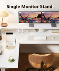Electric L-Shaped Standing Desk With Monitor Stand And Built In Power Outlets 59 Inch Height Adjustable Sit Stand Desk For Home Office A Real Workhorse Lift Table For Workstation White with dual monitors and accessories