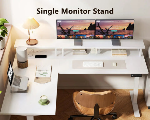 Electric L-Shaped Standing Desk With Monitor Stand And Built In Power Outlets 59 Inch Height Adjustable Sit Stand Desk For Home Office A Real Workhorse Lift Table For Workstation White with dual monitors and accessories