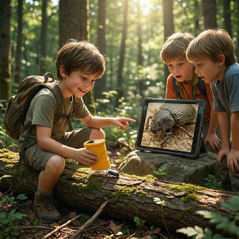 4K Handheld Microscope With Light And 2 Inch IPS Screen 1000x Magnification USB Digital Miniscope Loupe Magnifier For Pro Grade Insects Plants Textures And Close Up Discovery Yellow, kids viewing beetle