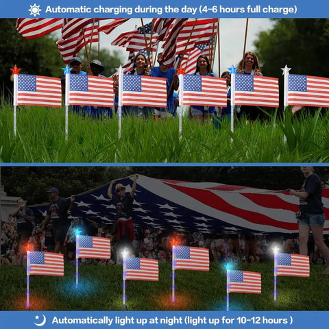 Six Pack 30 LED Solar Patriotic Pathway Lights With 6 US Flags And Flag Stakes Bright Red White And Blue Outdoor Decor in day and night view
