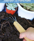 15 Inch Garden Claw Rake With Military Grade Steel Tines And Solid Wood Handle loosening soil around potted succulents