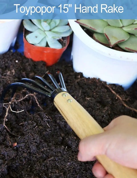 15 Inch Garden Claw Rake With Military Grade Steel Tines And Solid Wood Handle loosening soil around potted succulents