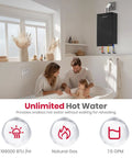 Natural Gas Tankless Water Heater Delivering Whole House Flow Up To 7.6 GPM At 199000 BTU For Indoor Setup in modern bathroom with family.