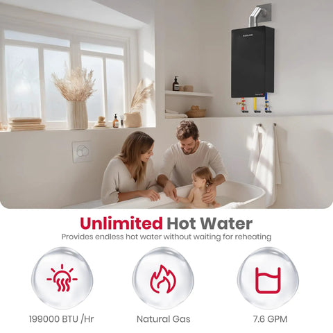 Natural Gas Tankless Water Heater Delivering Whole House Flow Up To 7.6 GPM At 199000 BTU For Indoor Setup in modern bathroom with family.