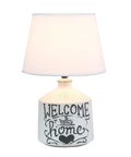 Welcome Home Rustic Ceramic Farmhouse Table Lamp With White Linen Shade, White Wash Ridged Base, Heart Accent Front View
