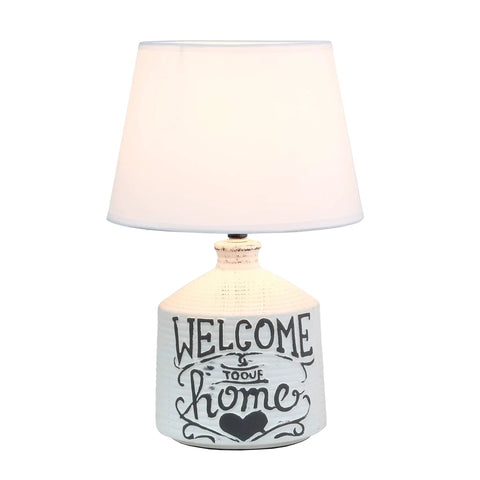 Welcome Home Rustic Ceramic Farmhouse Table Lamp With White Linen Shade, White Wash Ridged Base, Heart Accent Front View