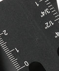 Close-up of the measuring scale on the Top Notch Woodworking Punch Locator For 15 Degree Inclined Holes.