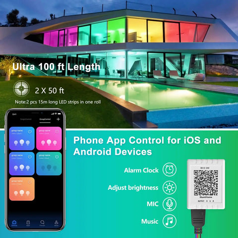 Lit 100 Ft Music Sync LED Strip Lights illuminating modern building, app control display on phone, remote features shown