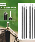 Ultra Durable Aluminum Tent Poles Set Of 2 shown with close-up of adjustable telescoping tips and 6061 aluminum material