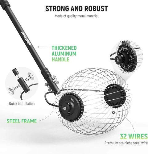 Close-up of Tennis Ball Pickleball Roller Collector No Bending Over Quick Roll Up For 1.5 To 3 Inch Balls TB01S with metal wires.