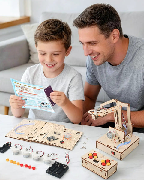 Hands On Robotic Arm Kit For Kids And Teens Aged 8 To 16, Totally Fun Kid Friendly STEM Toy For Learning Coding, Motors, Microcontroller, Circuits, And DIY Engineering Projects. father and son assembling wooden robotic arm kit on table